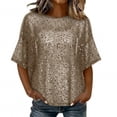 thumbnail image 2 of SSZMDLB Women Sequins T-Shirt Short Sleeve Round Neck Casual Basic Tee Holiday Party Tops Summer Fashion Outfits Workout Clothes, Brown L, 2 of 6