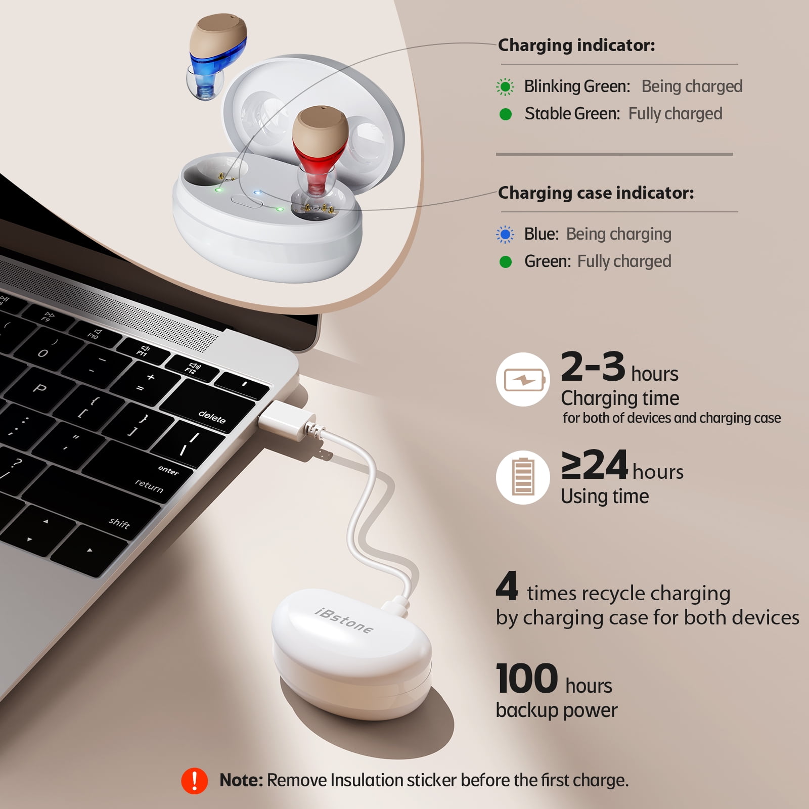 iBstone K21 Rechargeable hearing aids for Seniors Adults, 4 Programs for Experience, with Charging Case, Blue & Red, Pair