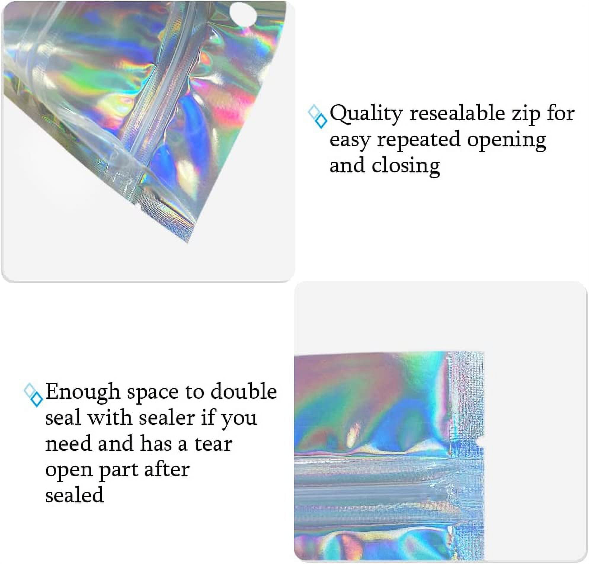 50pcs Holographic Foil Ziplock Bags 6x9 Inch, Resealable Mylar Sample Pouch  Gift Baggies For Packaging Candy Jewelry Lash Lip Gloss