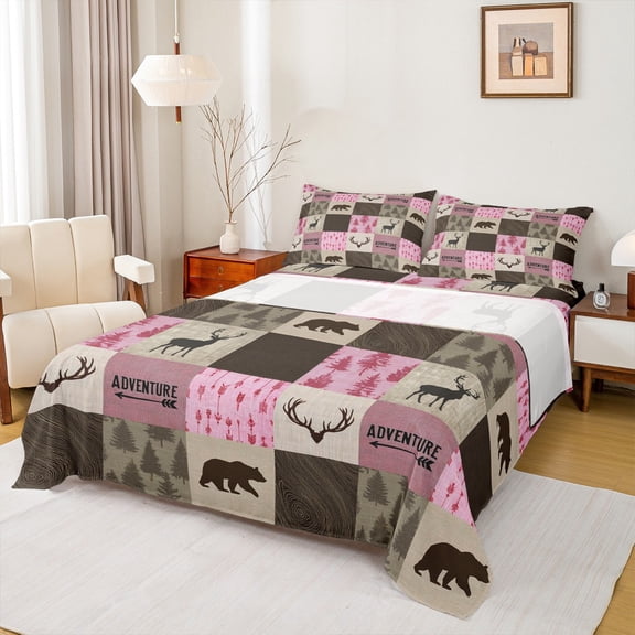 Castle Fairy Hunting Deer Bear 3pcs Twin Sheet Sets,Rustic Plaid Twin Fitted Sheet,Brown Pink Breathable Flat Sheet,Microfiber Animal Bedroom Decor