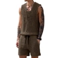 thumbnail image 2 of Men Crochet 2 Piece Outfits Mesh Sheer Tank and Shorts Summer Fishnet Shorts Set for Beach Casual Brown L, 2 of 7