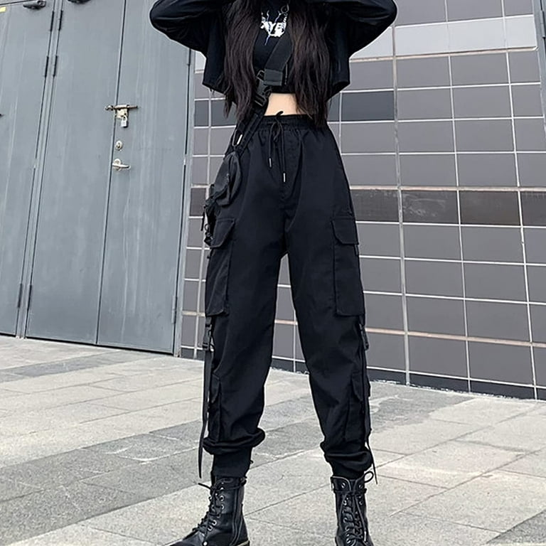 Kukuzhu Women's Techwear Pants Japanese Harajuku Cargo Pants Gothic Punk  Baggy Wide Leg Pants Multi-Pockets Cool Alt Emo Clothes