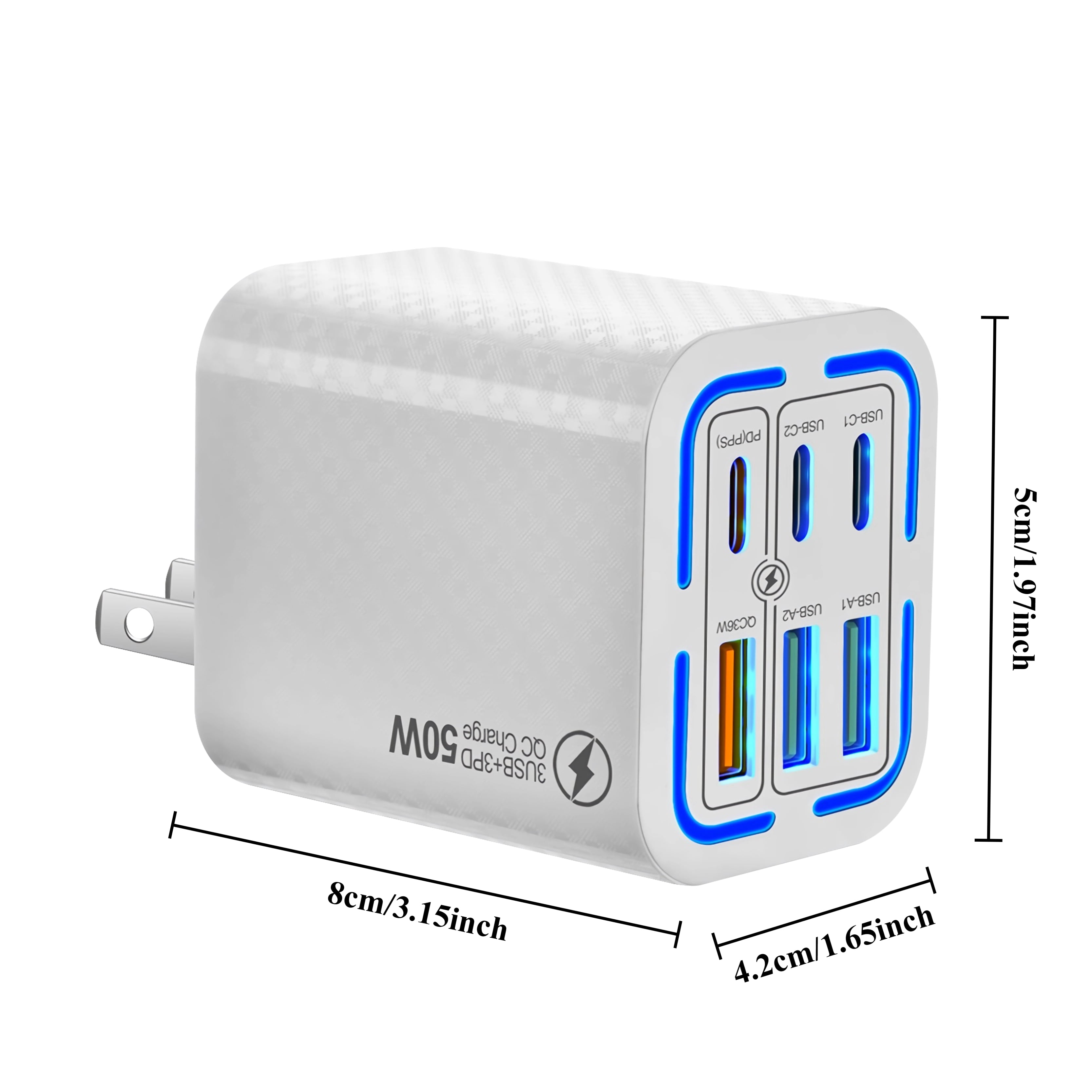 FOBIANJIE-50W USB-C and USB-A wall charger, Type-C charger, six-port cube design power adapter, multi-port plug, white/black/yellow – compatible with iPhone, iPad, AirPods, Samsung Galaxy, Note, Pixe