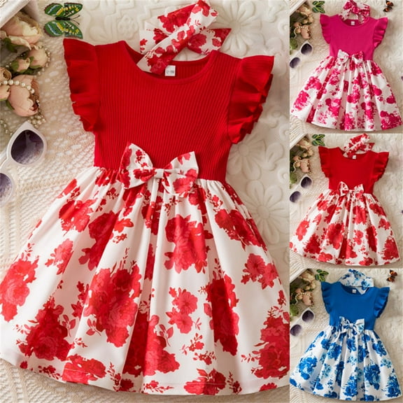 Pounoo New Dresses For Girls Trendy Print Sleeveless Flower Girl Dresses Round Neck Knee Length Dress Bowknot Breathable Kids Dresses Girls 4-16