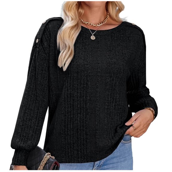 Wensltd Women Solid Crew Neck Long Sleeve Ribbed Sweater Shoulder Button Detail Loose Knit Style Tops Casual Everyday Wear