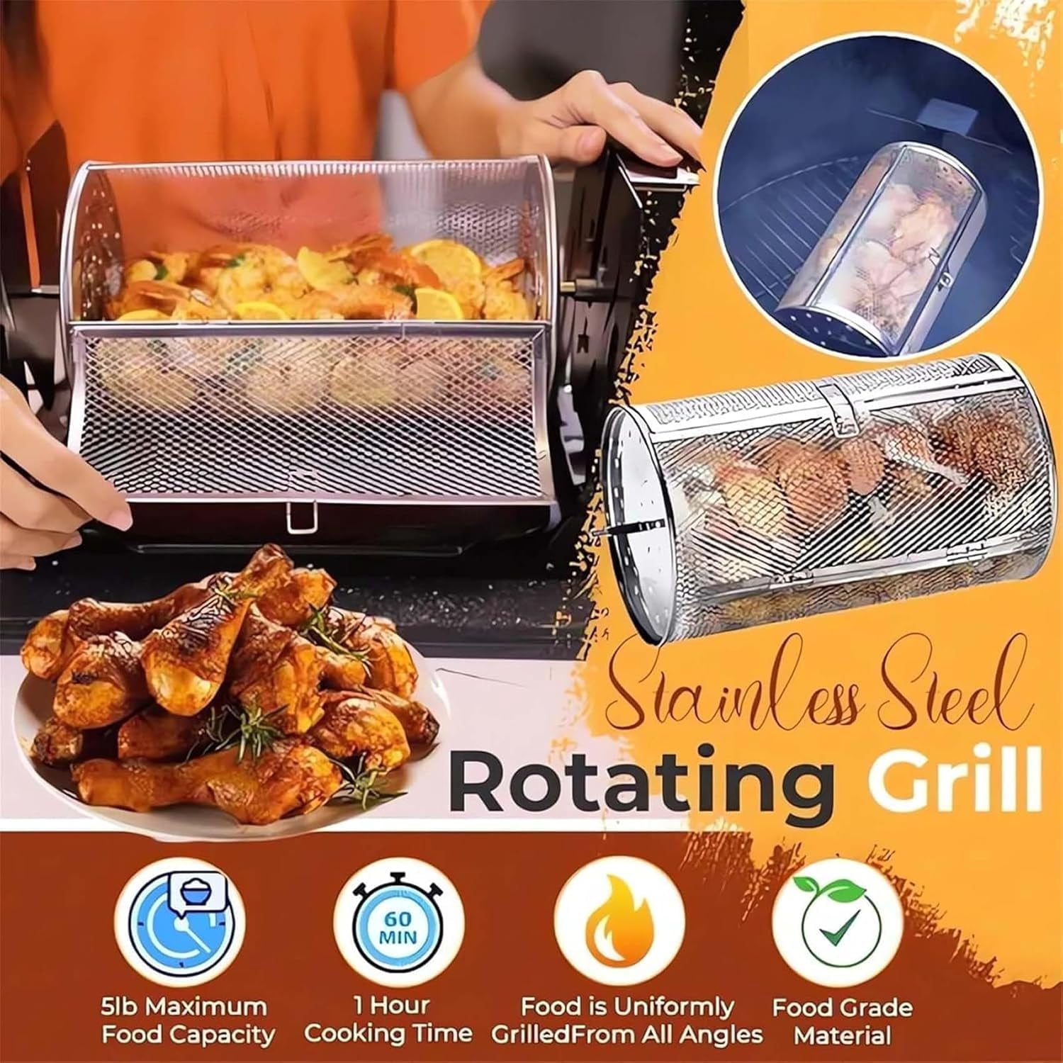 Rolling Grill Basket Stainless Steel Rotating Grill Basket - 360 ...