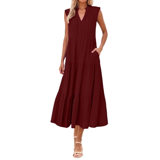 Vestido fluido con cuello en V y corte en A para mujer - Ligero, ideal para la playa o el brunch, poliéster y spandex, tallas S-XXXL