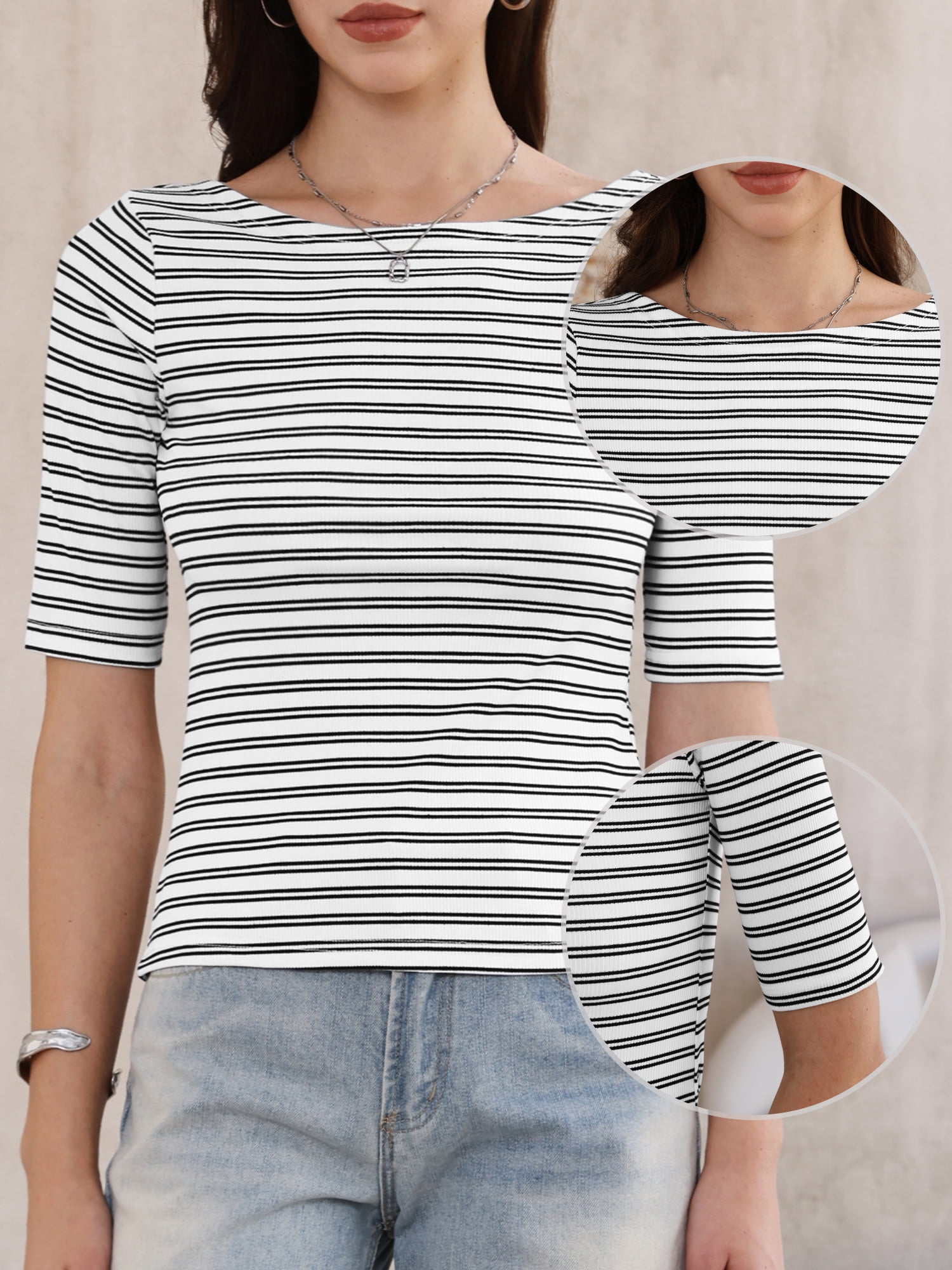 DARING DIVA Women's Striped Boat Neck Half Sleeve Tops Slim Fit rendy Outfits XS White