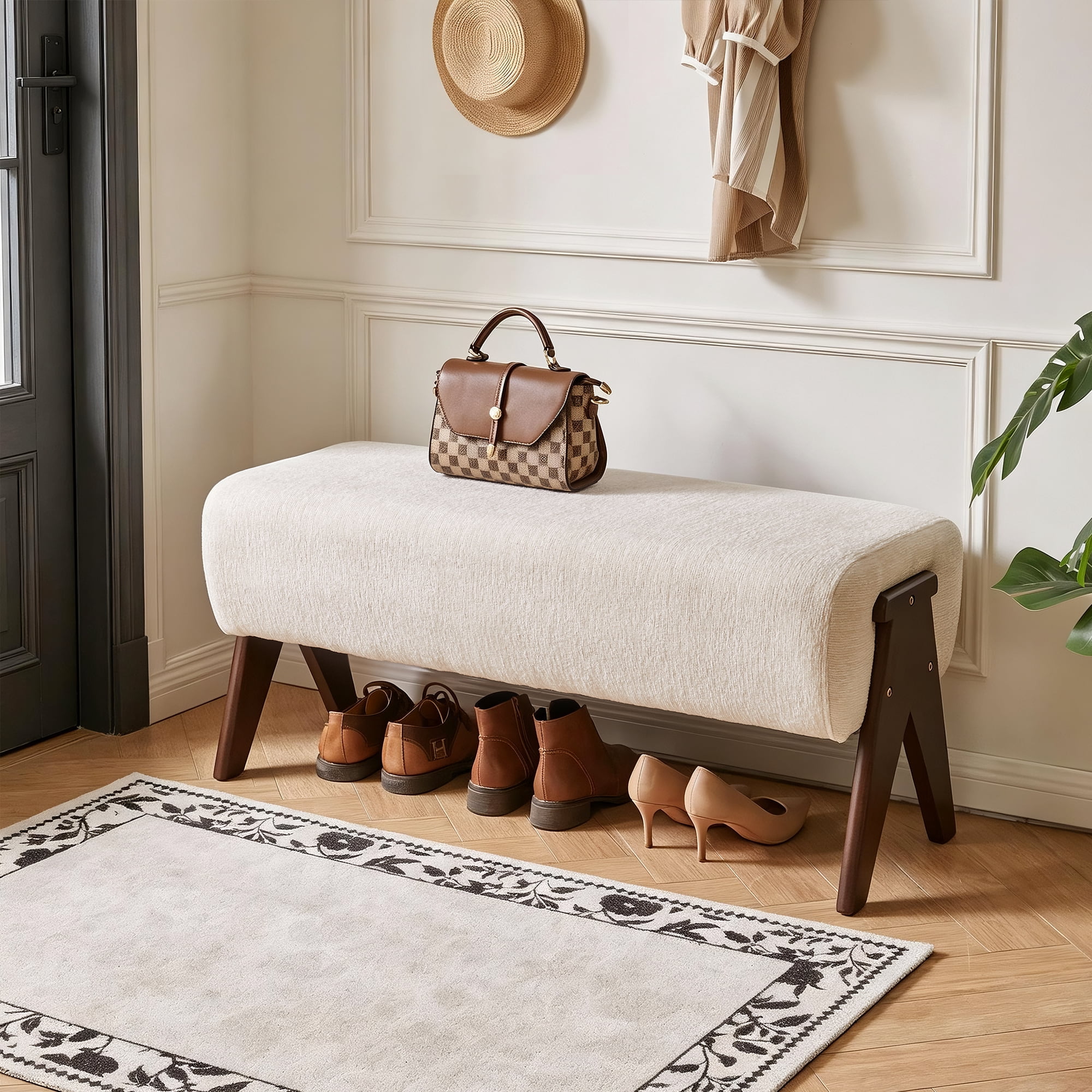 Leumius Chenille Bench,Modern Upholstered with Ergonomic Padded and Solid Wood Legs,Ottoman Bench for Foyer Bedroom Living Space,Entry,White