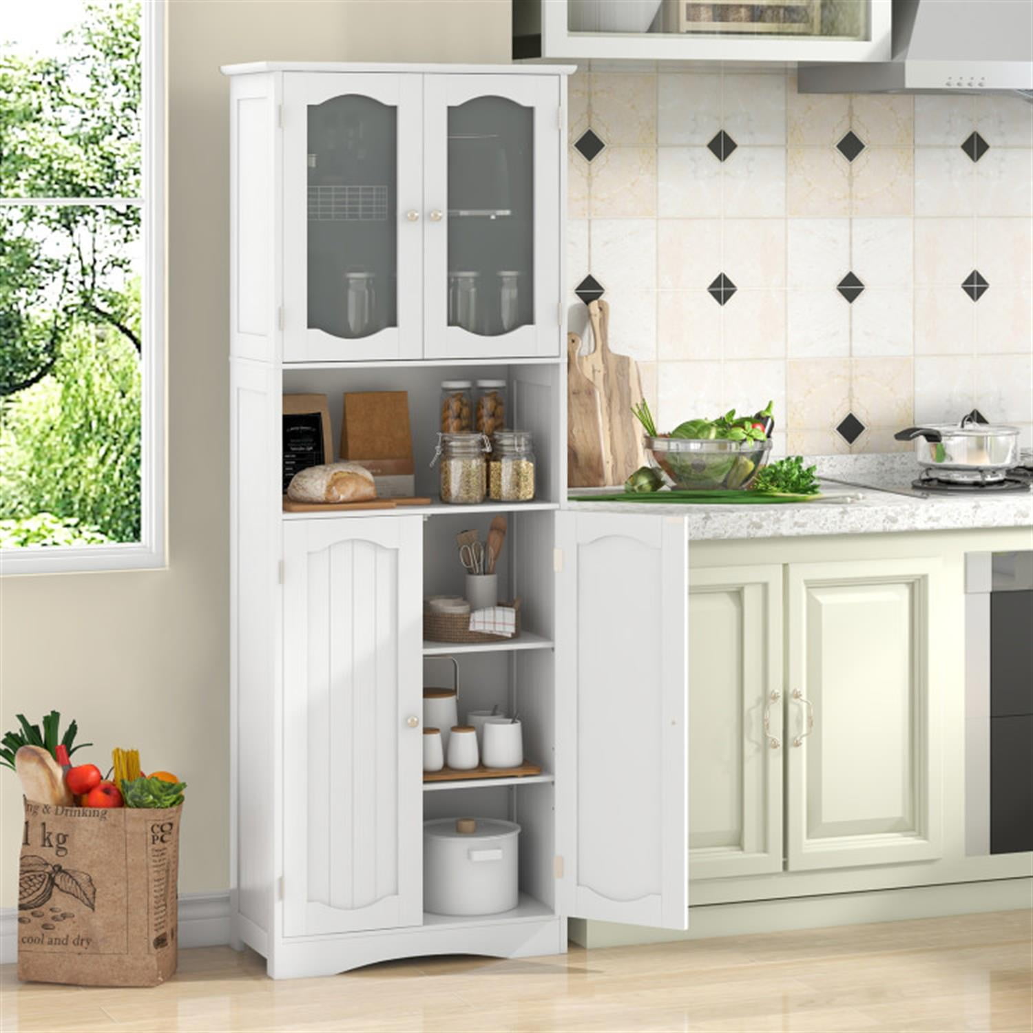 Demi Bonn 64.5" Tall Freestanding Bathroom Storage Cabinet with Frost Glass Doors and Shelves, Pantry Cabinets, White