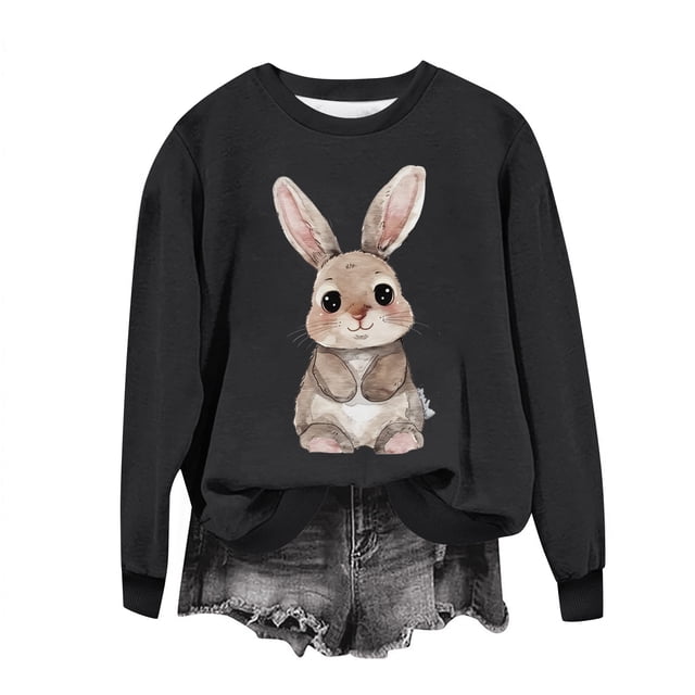 Penkiiy Chemises de Pâques pour Femmes 2024 Manches Longues Mignon Lapin Col Rond Chandail en Molleton Graphique Lapin Décontracté Été Blouse Tunique Hauts 2TG Noir