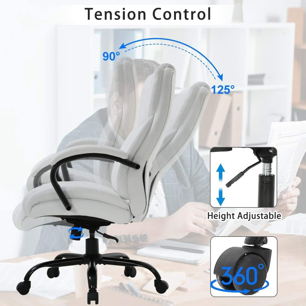 Dkelincs Big & Tall Executive Office Chair 500 lbs Capacity Heavy Duty Computer Desk Chair with Lumbar Support Armrest, White