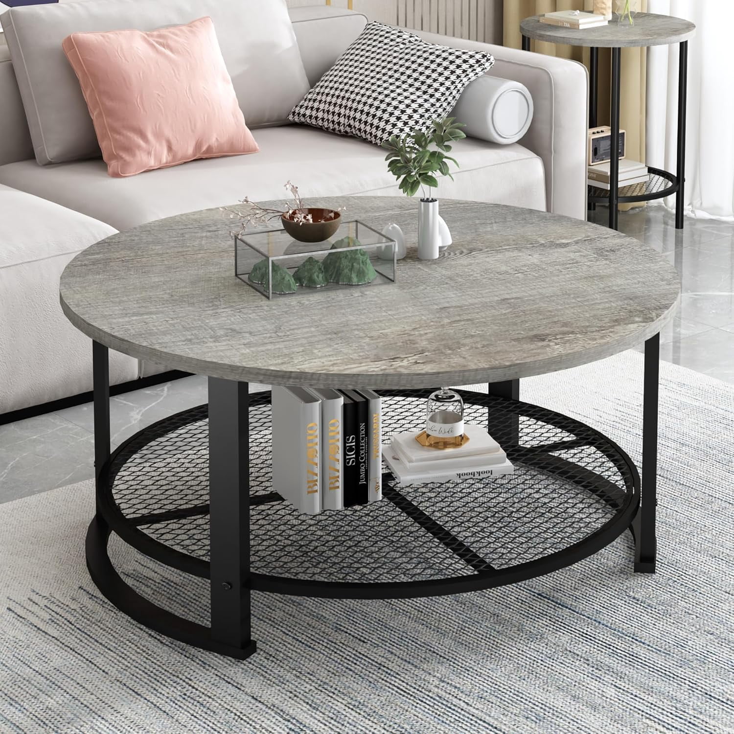 MIERES Round Coffee Table Set of 3, 2-Tier Metal Mesh Storage Shelf Living Room Set with 1 Large Center Table & 2 Small End Tables, Space-Saving Wooden Tea Table for Home Office Apartment, Gray