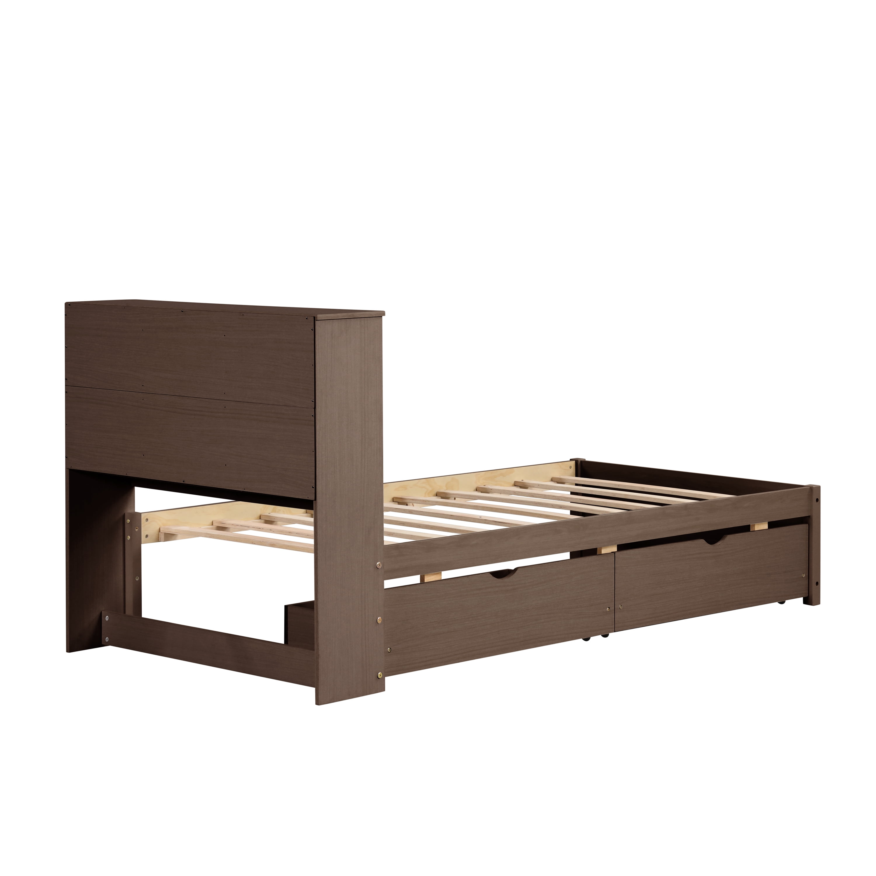 Miniyam Twin Size Bed with Built-in USB Port, Bookcase, Drawers for Kids and Teens, Walnut