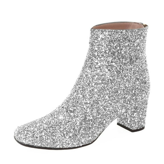XYD Women Fashion Glitter Block Low Heel Ankle Boots Back Zipper Round Toe Booties Disco Party Shoes Size 7 Silver