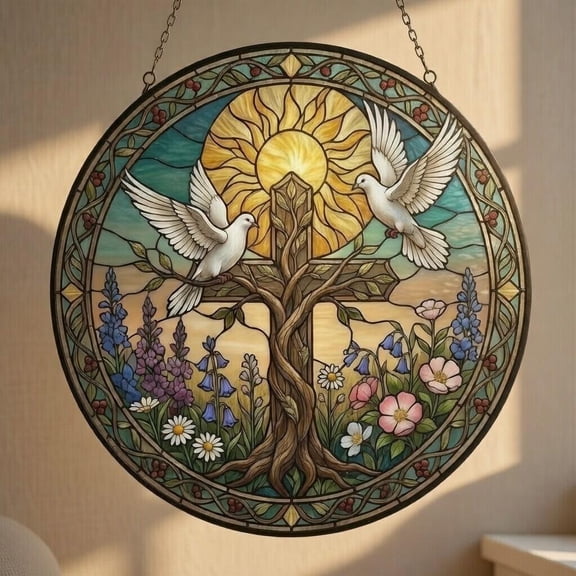 Christian Stained Glass Wall Art - Handmade Panel | Cross Dove Sun Design | Faith Religious Art Decor | Spiritual Home Gift | For Wall Display