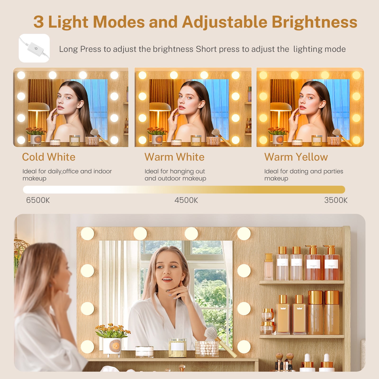 Makeup Vanity Set with Mirror & Lights, Vanity Desk with 5 Drawers & Storage Shelves, Makeup Vanity , 3 Color Modes & Adjustable Brightness Dressing Table, Bedroom, For Christmas gifts, Natural