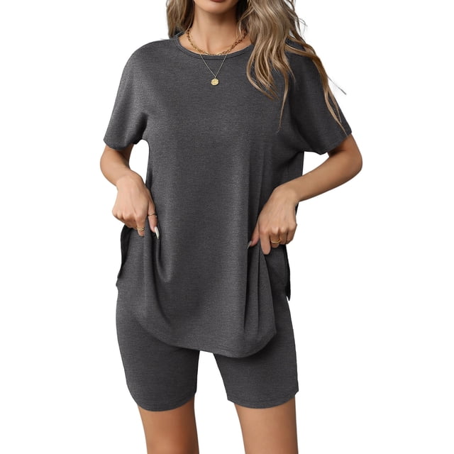 Conjunto de pijama Ekouaer para mujer, manga corta, ropa de salón, gris oscuro, XXL