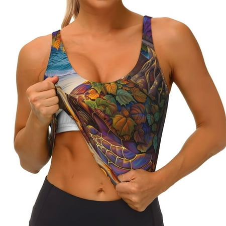 Qokaie Colorful Maple Leaf Beach Turtle Pattern Womens Scoop Neck Sports Bra Breathable Workout Vest Padded U Back Medium Impact Fitness Gym Yoga Bra Workout Crop Top