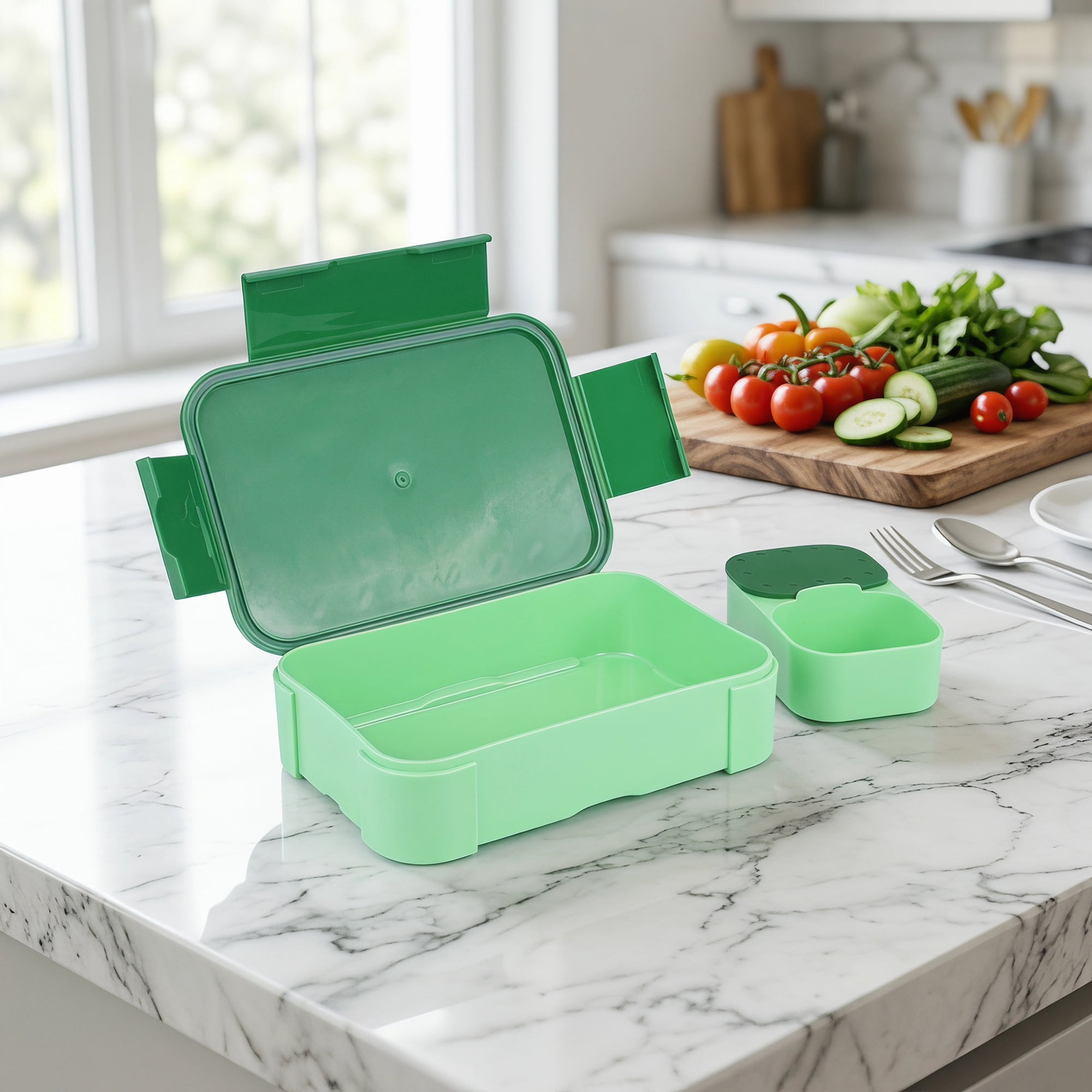 Unique Bargains 2-Compartment Leak-Proof Meal Lunch Bento Box Green