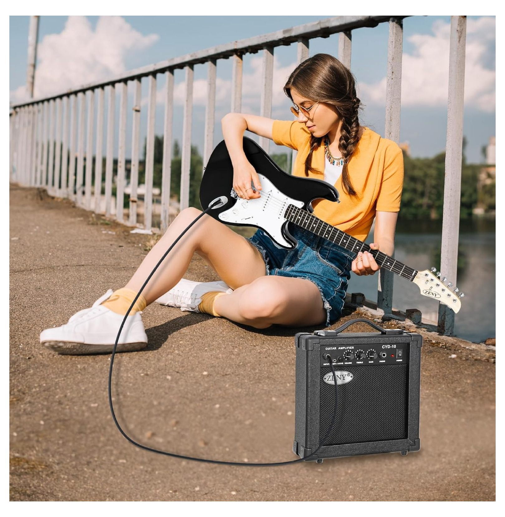 SONGMY 39" Full Size Electric Guitar Beginner Kit - with 10W Amp, Case & Accessories, Black Electric Guitar Package for Starters & Students