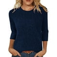 thumbnail image 3 of Scyoekwg 3/4 Length Sleeve Womens Tops Ribbed Knit Dress Shirts Crewneck Basic Sweater Tops Casual Loose Pullover (Dark Blue,XL), 3 of 6