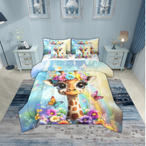Erosebridal Cartoon Giraffe Bed in a Bag Twin Size, Girly Rainbow Butterfly Flower Bed Set, Animal Home Decorative, Reversible 7 Pieces