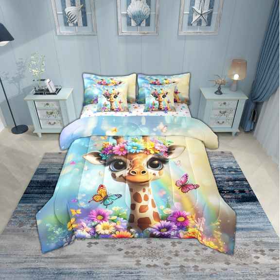 Erosebridal Cartoon Giraffe Bed in a Bag Twin Size, Girly Rainbow Butterfly Flower Bed Set, Animal Home Decorative, Reversible 7 Pieces