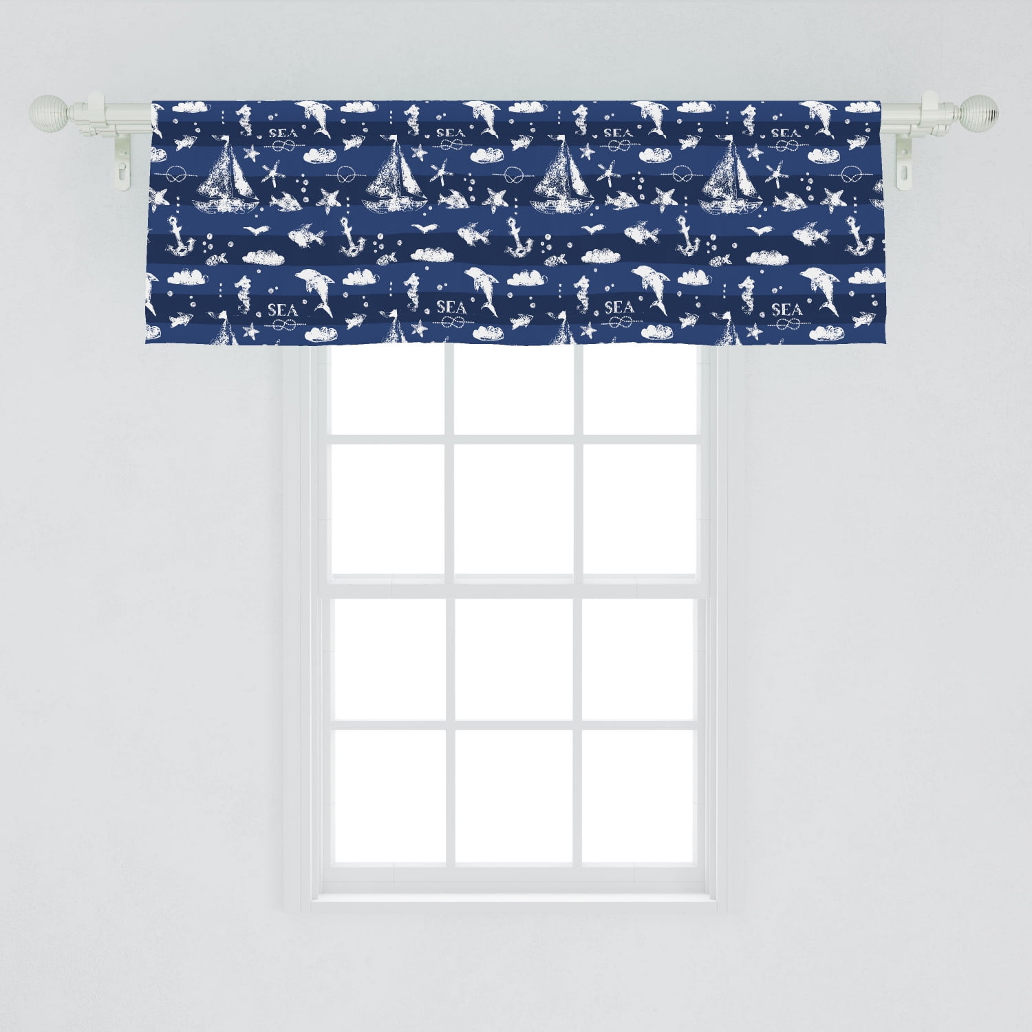 Navy Blue Window Valance, Sailboat Vertical Stripe Pattern Anchor