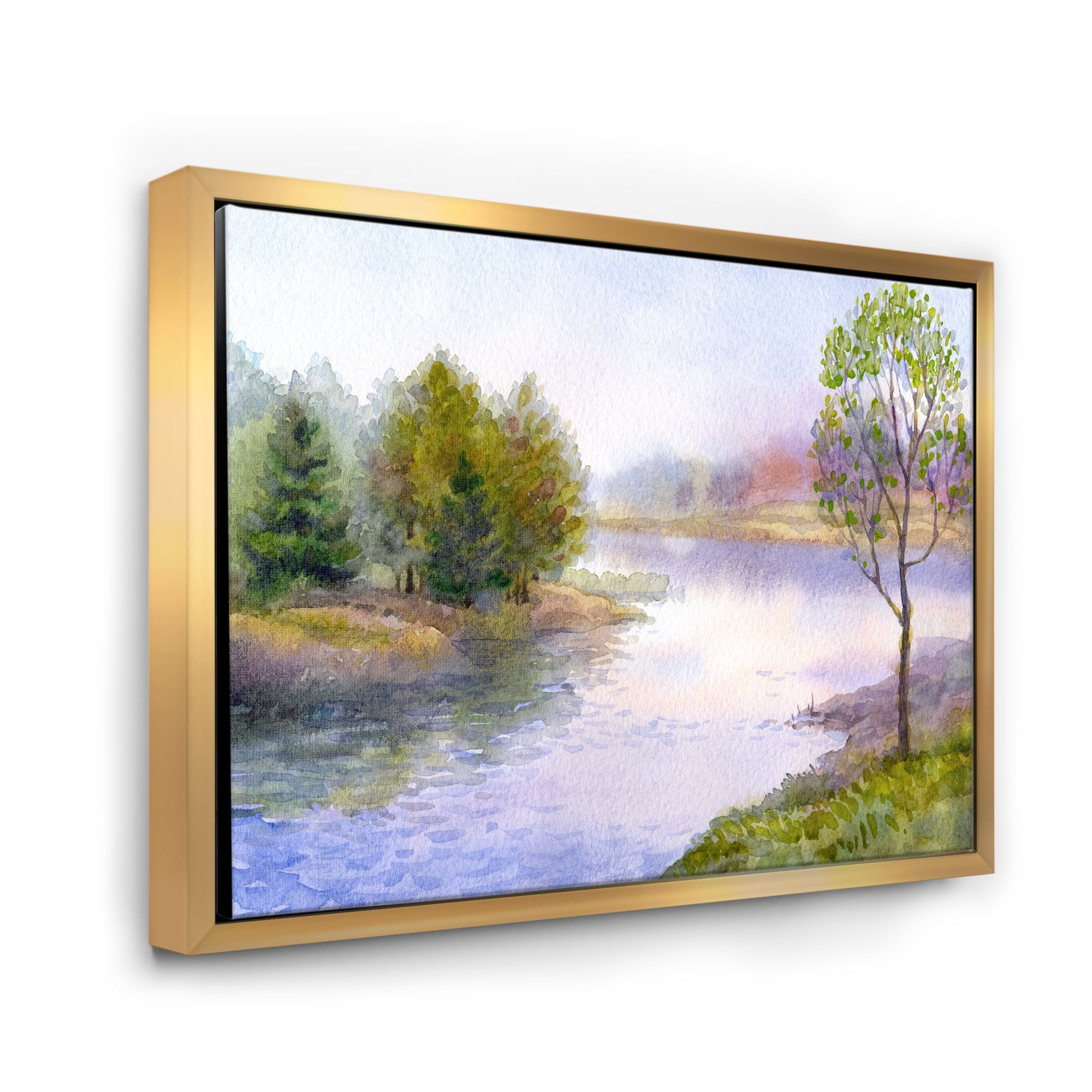 Trees On The Bank Of River 40 in x 30 in Framed Painting Canvas Art Print, by Designart