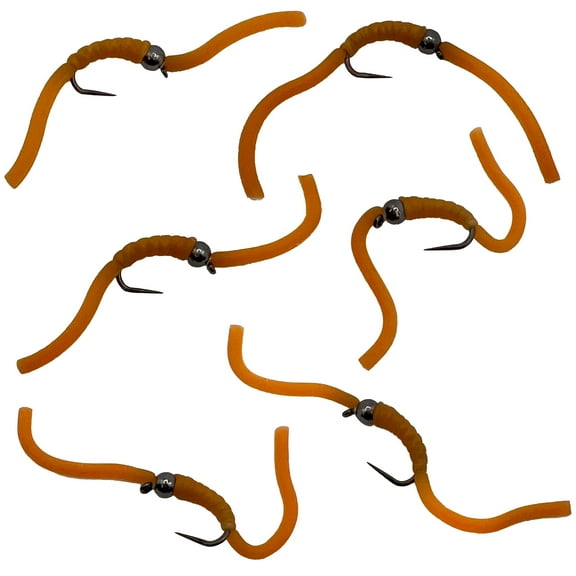 Thor Outdoor 6 Pc Squirmy Wormy Set, Tan Size #10 - Barbless Wet Worm Fly Fishing Flies for Trout, Panfish, Bass