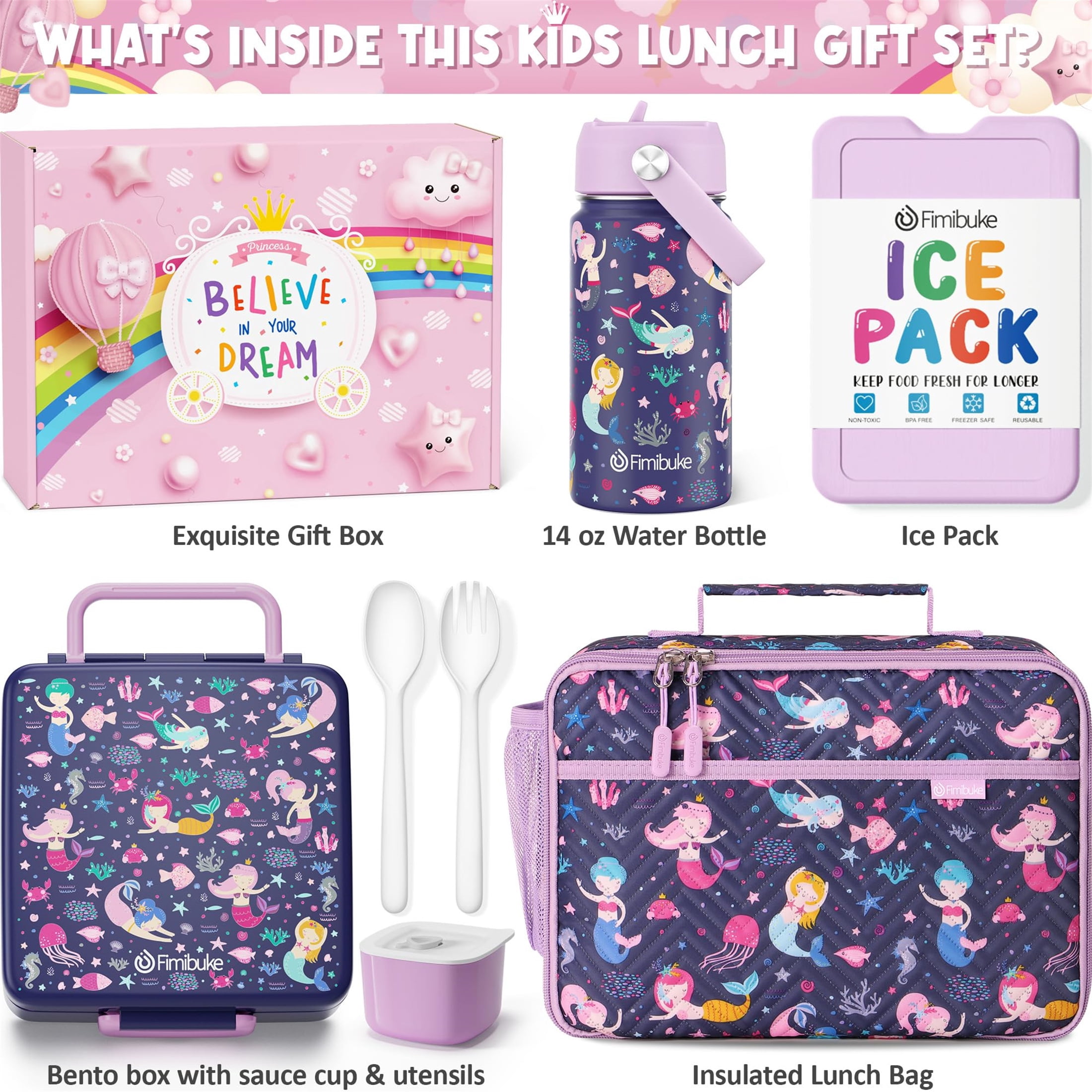 Bento Lunch Box with 4 Compartments, Insulated lunch Bag, 14oz Stainless Steel Water Bottle, Ice Pack, Utensils Set (Mermaid)