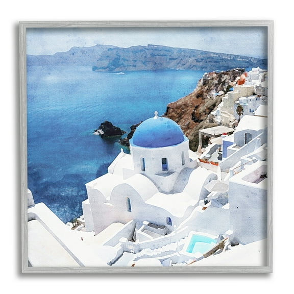 Stupell Industries Santorini Ocean Scenery Transportation Painting Gray Framed Art Print Wall Art, 12 x 12