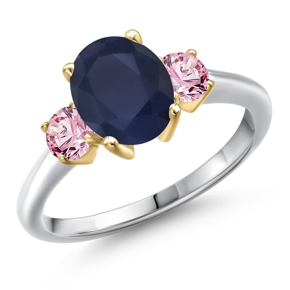 Gem Stone King 925 Silver and 10K Yellow Gold Blue Sapphire and Pink Lab Grown Diamond Engagement Ring for Women | 2.70 Cttw | Oval 9X7MM | Gemstone September Birthstone | Size 8