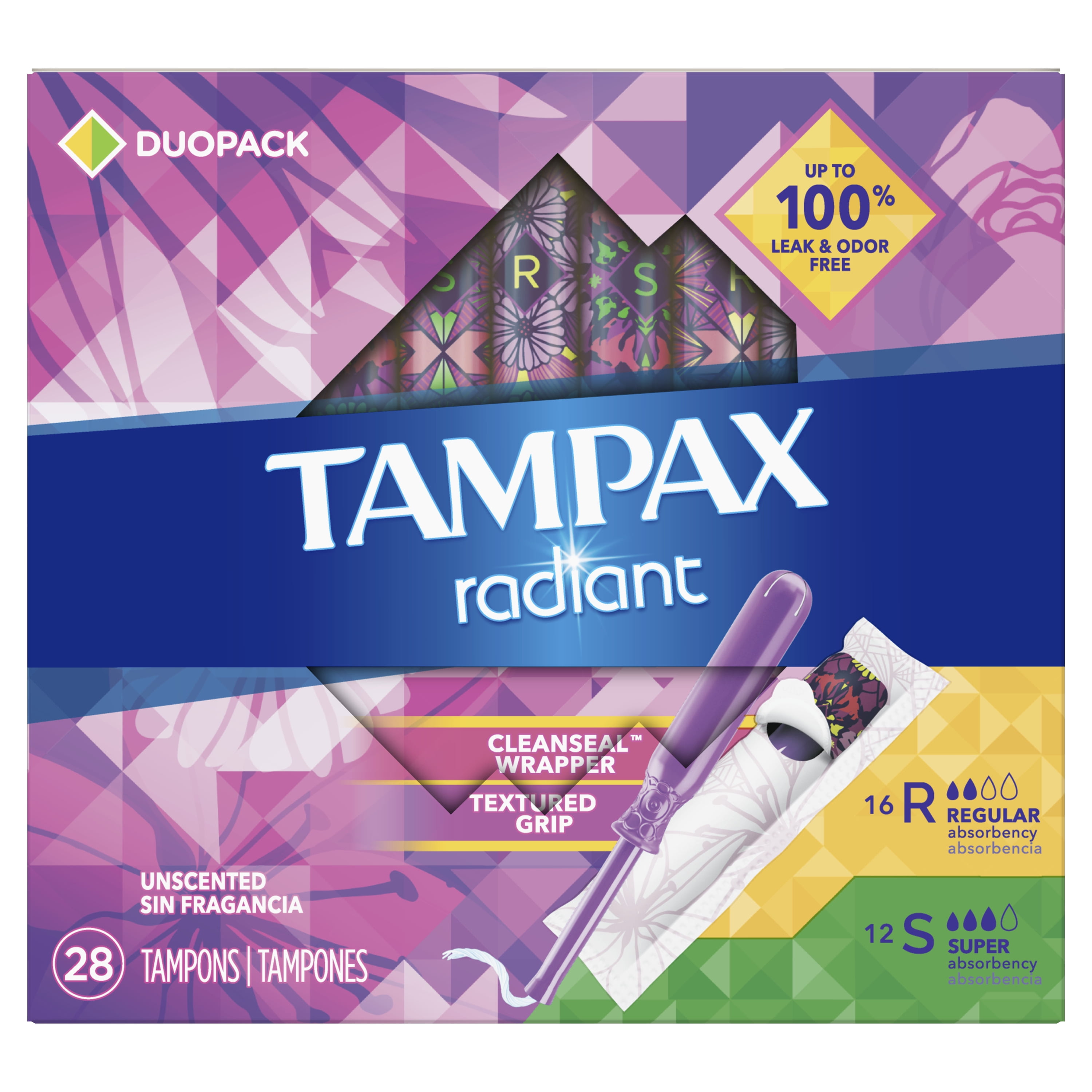 Tampax Radiant Tampons, Unscented, Regular/ Super Absorbency, 28 ct
