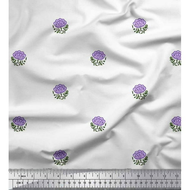 Soimoi Polyester Crepe Fabric Leaves & Floral Block Printed Fabric 1 Yard 52 Inch Wide