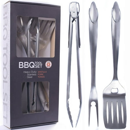 Heavy Duty BBQ Grilling Tools Set. Extra Thick Stainless Steel Spatula, Fork & Tongs. Gift Box Package. Best For Barbecue & Grill. 18 Inch Utensils Turner Accessories