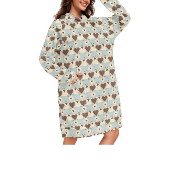 DIXRUYEE Blue Brown Beige And Heart Pattern Print Womens Long Oversized Hoodie Dress Casual Pullover Hooded Sweatshirt Dress with Kangaroo Pocket Loose Streetwear Loungewear