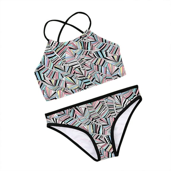 JikouIivo Girls Swimsuit Two Piece Bikini Set Crop Top with Double Ruffled Halter Bathing Suit 5-12 Years