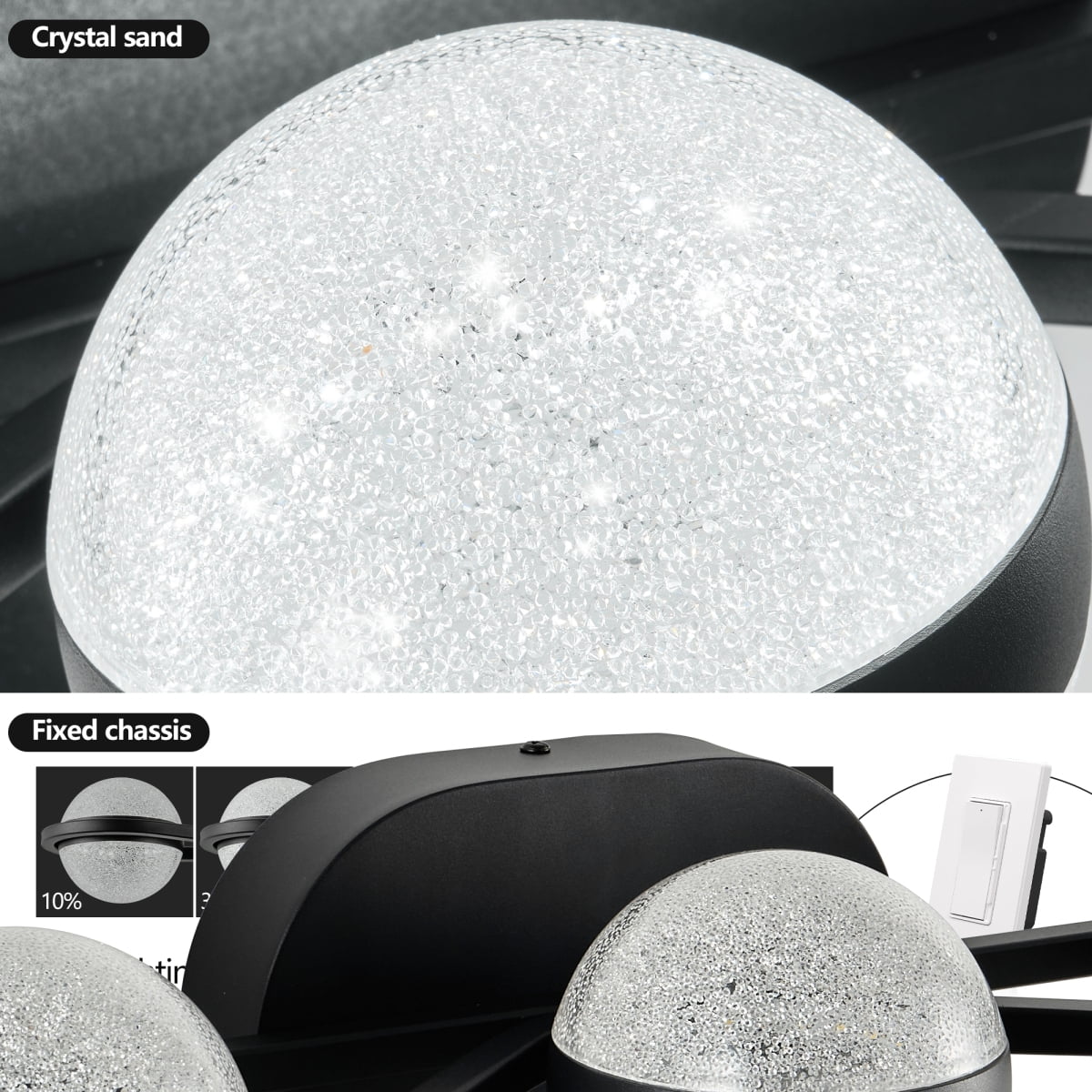 Bathroom Vanity Light, LED 3 Bulb Crystal Sand Acrylic Shades, Wall Mounted Decorative Lighting Fixture, Suitable for Bathroom Vanity Mirror (Black)
