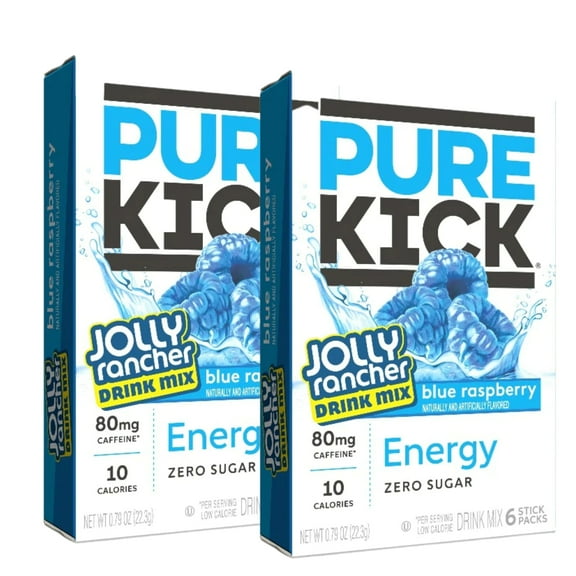 Pure Kick Energy Singles To Go Drink Mix Jolly Rancher Blue Raspberry Flavor Low-Calorie Sugar-Free Water Beverages Packet On the Go Refreshing Drinks 2 Boxes (12 Servings)