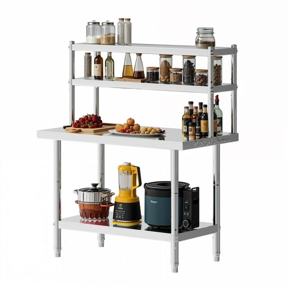 ModFusion NSF-Certified Stainless Steel Work Table with Removable Hooks, Adjustable Overshelf, 42 x 24 Inches, Kitchen Corner Storage Shelves, Metal Iron Prep Workbench, Serving Station