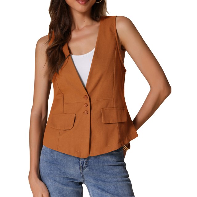 CHALECO LIVIANO DE LINO SIN MANGAS CON ESCOTE EN V Y UN SOLO BOTÓN PARA MUJERES CHIC XS NARANJA
