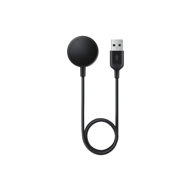 cargador samsung galaxy watch para gear s3, watch active 1/2/3/4 cargador inalámbrico negro con cable USB-A. Vista frontal centrada de la base de carga circular conectada a un cable negro y conector USB-A; diseño compacto y portátil, compatible con Gear S3, Galaxy Watch Active/Active 2, Watch 3 y Watch 4 según especificaciones. También suele usarse como cargador de repuesto para viajes o en escritorio.