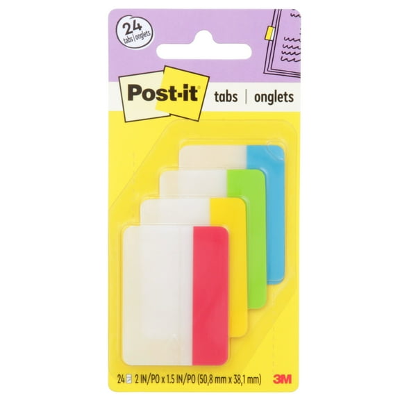 Post-it Tabs, 2" Wide, 4 Assorted Primary Colors, 24 Tabs