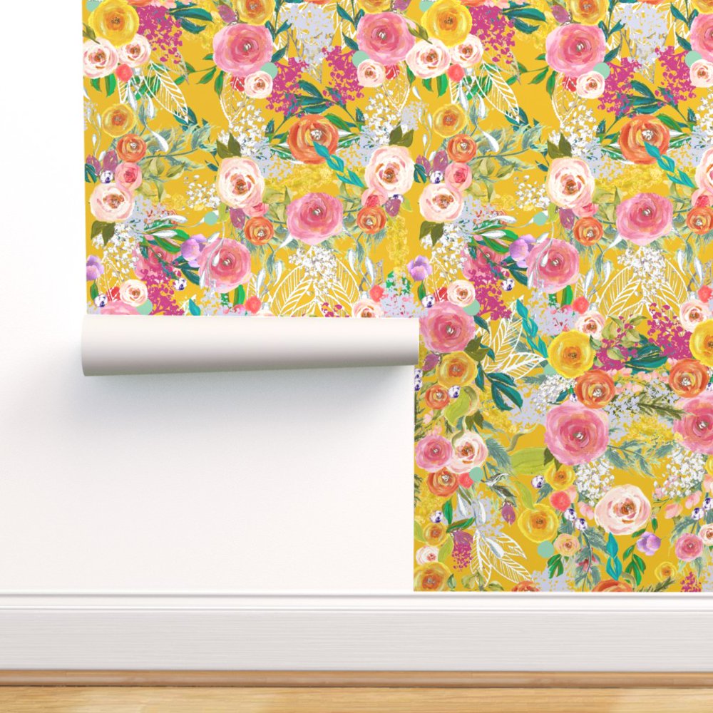 Peel-and-Stick Removable Wallpaper Mustard Yellow Floral Boho Flowers