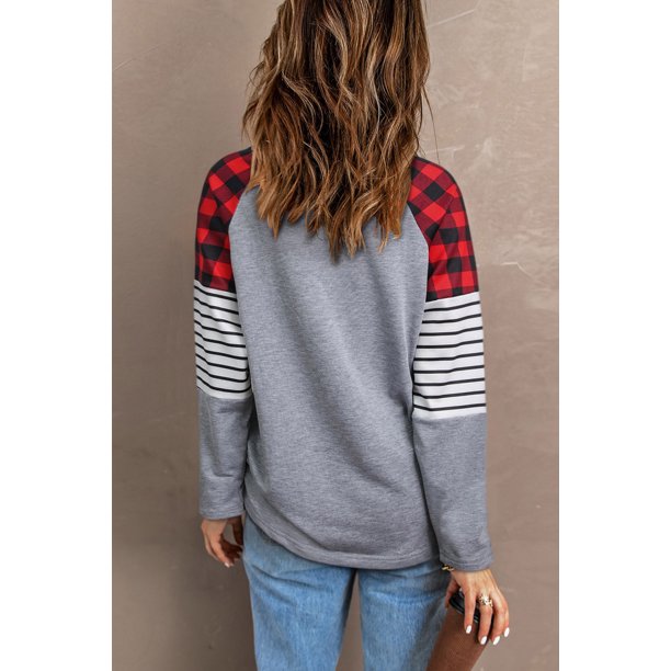ABPHQTO Top gris de manga larga a rayas con estampado de corazones de San Valentín para mujer