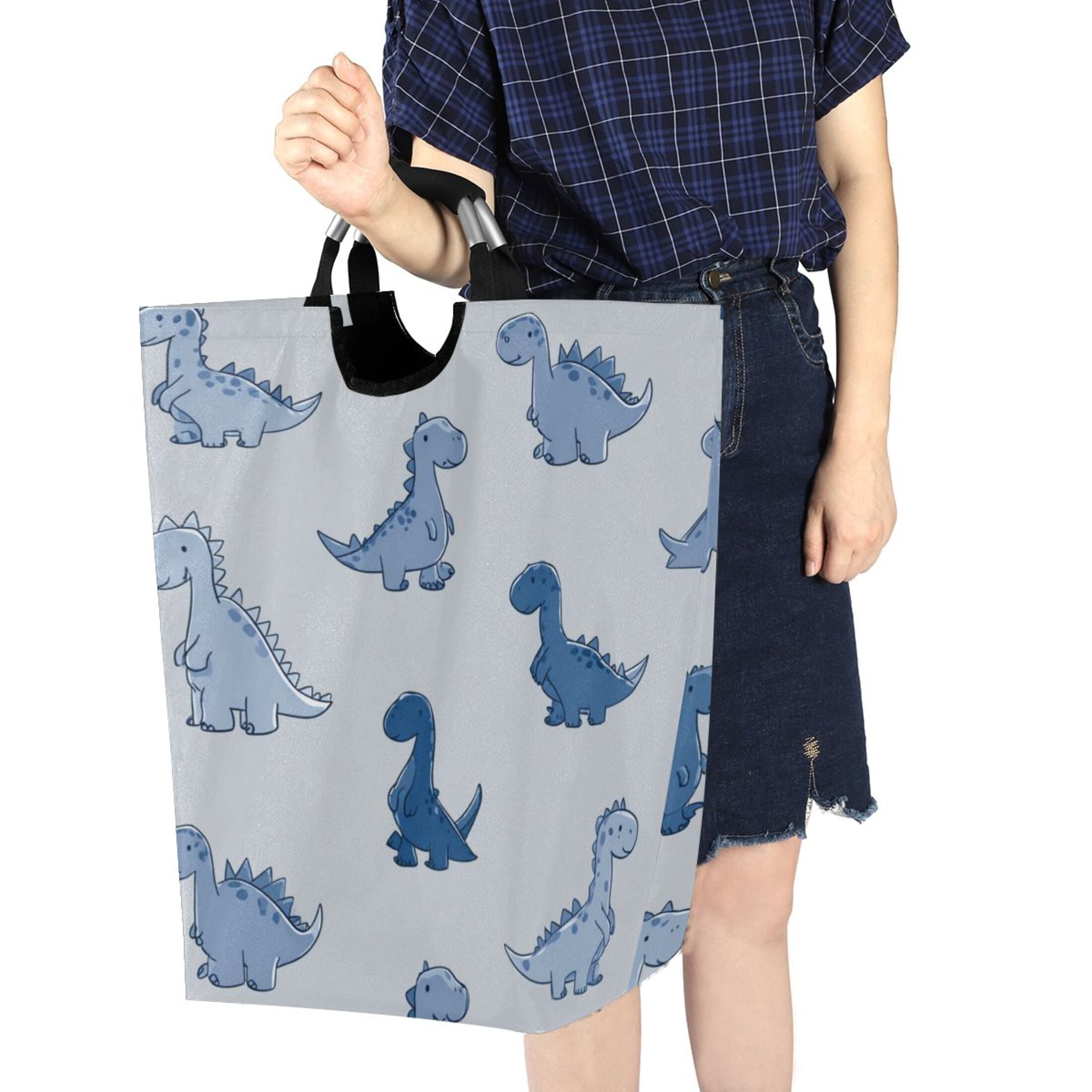 Foldable Laundry Hamper Bag with Handles Dirty Clothes Basket 12.6" x 11" x 22.7" Cute Blue Dinosaurs