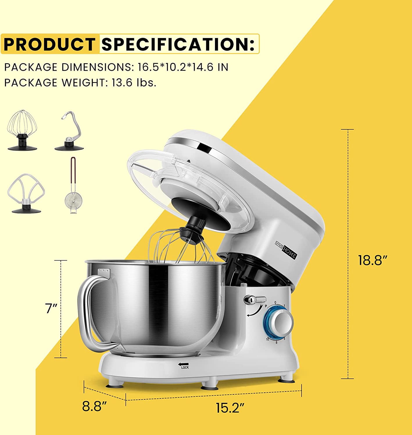 SPECSTAR Stand Mixer, 660W 10 Speed 6 Quart Tilt-Head Kitchen Electric Food Mixer with Beater, Dough Hook, Wire Whip and Egg Separator, Silver