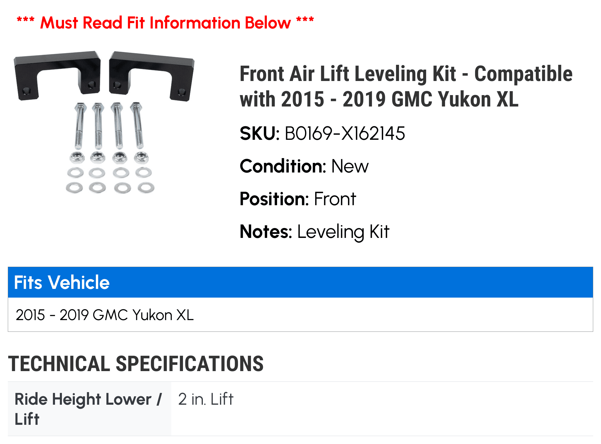 Front Air Lift Leveling Kit - Compatible with 2015 - 2019 GMC Yukon XL 2016 2017 2018